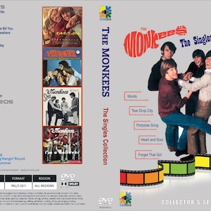 Puede incluir: DVD "The Monkees - The Singles Collection". La portada presenta a la banda, portadas de álbumes y una lista de canciones. La caja del DVD es gris con un diseño de tira de película colorida.