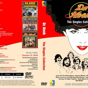 Puede incluir: Caja de DVD de "The Singles Collection" de Dr. Hook. La portada presenta el rostro estilizado de una mujer y una foto grupal de la banda. La parte posterior enumera canciones y videos adicionales, incluyendo "Sylvia's Mother" y "Sharing the Night Together."