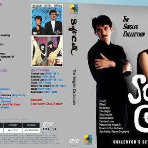 Puede incluir: Caja de DVD de "The Singles Collection" de Soft Cell. La portada muestra a dos miembros de la banda vestidos de negro, con el nombre de la banda en blanco. La parte trasera enumera canciones y extras.