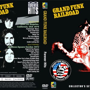 May include: DVD set for Grand Funk Railroad, titled "Forever Hits: Collector's Set." The cover features band members, album track listings, and concert details from Los Angeles and Madison Square Garden. The American Band logo is also visible.