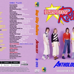 May include: Bay City Rollers Anthology 2 DVD set. The cover shows the band in 1970s attire, with the band's logo and the word "Anthology". The discs list song titles, including "Bye Bye Baby" and "Shang-a-Lang".