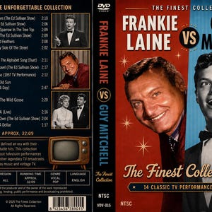 Puede incluir: Una caja de DVD de Frankie Laine vs. Guy Mitchell The Finest Collection con 14 actuaciones televisivas clásicas. La portada muestra retratos de ambos cantantes sobre fondos rojo y azul con estrellas. La parte posterior enumera 14 pistas y detalles.