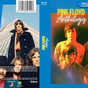 Puede incluir: Caja de disco Blu-ray de Pink Floyd Anthology. La portada presenta a los miembros de la banda y el título del álbum en una fuente estilizada. La parte posterior muestra una lista de canciones y miembros de la banda.