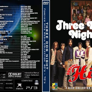Puede incluir: Caja de DVD para la colección "Forever Hits" de Three Dog Night. La portada presenta a los miembros de la banda y el título en una fuente estilizada. La parte posterior enumera las canciones y sus fechas de interpretación.
