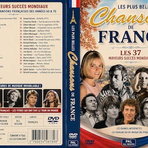 May include: A DVD case titled Les Plus Belles Chansons de France featuring a collage of French singers and the Eiffel Tower. The back cover lists 37 tracks, technical specifications, and a barcode. The design includes blue, white, and red accents.