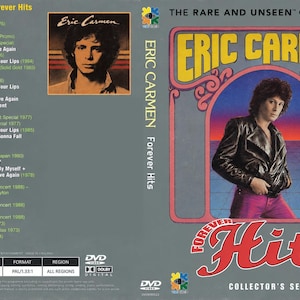 以下が含まれることがあります： The Rare and Unseen CollectionのEric Carmen Forever Hits DVDカバー。表面には黒いレザージャケットとピンクのパンツを着用したEric Carmenのポートレートが描かれています。裏面には26曲のトラックリスト、技術仕様、ロゴが記載されています。