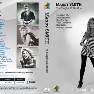 Op de afbeelding: DVD van Mandy Smith's "The Singles Collection". De cover bevat afbeeldingen van Smith en een tracklist met "I Just Can't Wait" en "Positive Reaction". Een vrouw in een zwart-wit gestreepte jurk is ook afgebeeld.