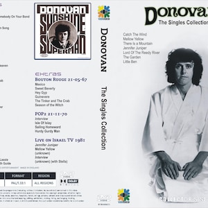 May include: DVD of Donovan's "The Singles Collection." The cover features a black and white photo of Donovan, the album title, and a tracklist. The DVD case also includes the album "Sunshine Superman" artwork.