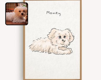 Puede incluir: Archivo de retrato digital enmarcado para mascotas con una ilustración de dibujos animados de un perro blanco y esponjoso, con el nombre "Money" encima. Una imagen más pequeña muestra al perro en una foto real. El texto "digital pet portrait file only" está en la parte inferior.