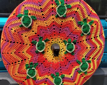 Sunset Sea Turtle Crochet Spare Tire Cover