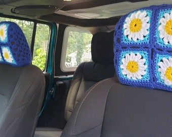 Multi-Color Daisy Car Accessories - Steering Wheel, Console Cover, Headrest Cover