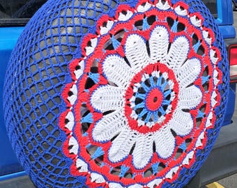 Funda de repuesto para rueda de repuesto con diseño floral sólido y soleado, hecha a crochet.