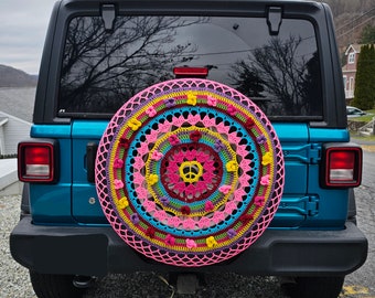Peace Sign Flower Crochet Spare Tire Cover