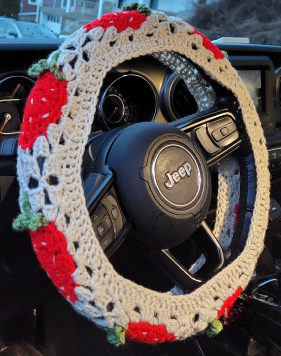 Handmade Crochet Strawberry Car Steering Wheel Cover