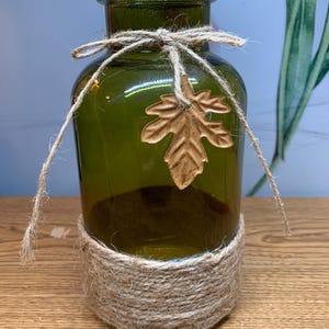 Green Glass Vase with Burlap Rope and Metal Leaf