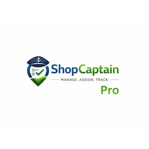 Op de afbeelding: Een logo met een marineblauwe kapiteinshoed met anker, een groene vink en een groen en blauw schild. De tekst luidt "ShopCaptain" in blauw en groen, met "MANAGE. ASSIGN. TRACK." eronder. "Pro" is groen geschreven.