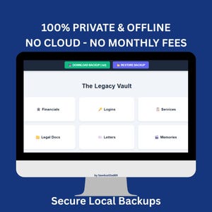 Könnte beinhalten: Ein Computermonitor zeigt eine Softwareoberfläche mit dem Titel "The Legacy Vault". Die Oberfläche verfügt über Schaltflächen für "Financials", "Logins", "Services", "Legal Docs", "Letters" und "Memories". Der Text oben lautet "100% PRIVATE & OFFLINE NO CLOUD - NO MONTHLY FEES."