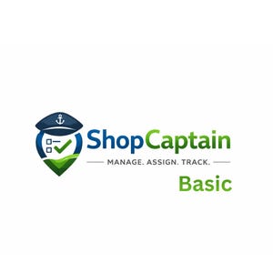 May include: The ShopCaptain logo features a navy blue captain's hat with an anchor, a green checkmark, and a green and blue shield. The text reads "ShopCaptain" in blue and green, with the tagline "MANAGE. ASSIGN. TRACK." and the word "Basic" in green.