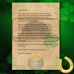 Lucky the Leprechaun's Clever Escape Letras em script e fonte regular - Download digital para crianças Design de papel vintage para impressão de letras