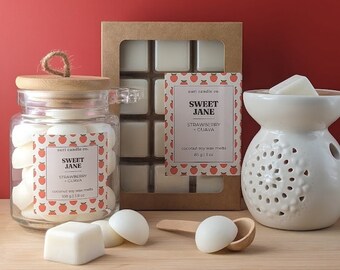 Puede incluir: Un juego de fundentes de cera en un frasco de vidrio y una caja con un calentador de cera de cerámica blanca. Los fundentes de cera están etiquetados como "Sweet Jane Fresa + Guayaba" y están hechos con cera de soja de coco. El calentador de cera es blanco con un diseño decorativo.