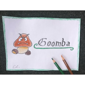 Handgezeichnete Goomba-Grafik mit komplizierten Details und handbeschriftetem Titel im mittelalterlichen Stil, niedliche Kunst für Super Mario Bros-Fans