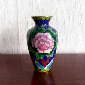 Antique Chinese Cloisonne Vase In Brass And Enamel | Vivid Blue And Gold With Flowers And Branches Design - Miniature