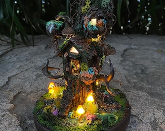 Handmade Light Up Fairy House, Tree Stump Fairy House, Wizard lamp, Magical Night Lamp,Fairy Tree Night Light,Fantasy Home Decor,Unique Gift