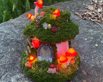 OOAK Mushroom House, Glowing Fairy House, Handmade Miniature Cottage, Woodland Night Light, Mushroom Lamp, Fairy Home Decor, Fairy Gifts