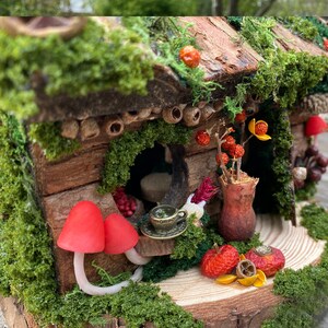 Może przedstawiać: Miniaturowy domek dla wr&oacute;żek z drewnianą konstrukcją, ozdobiony zielonym mchem i czerwonymi grzybami. Domek posiada małe drzwi, filiżankę do herbaty i elementy dekoracyjne, takie jak suszone jagody i kwiaty, tworząc fantazyjną scenę.
