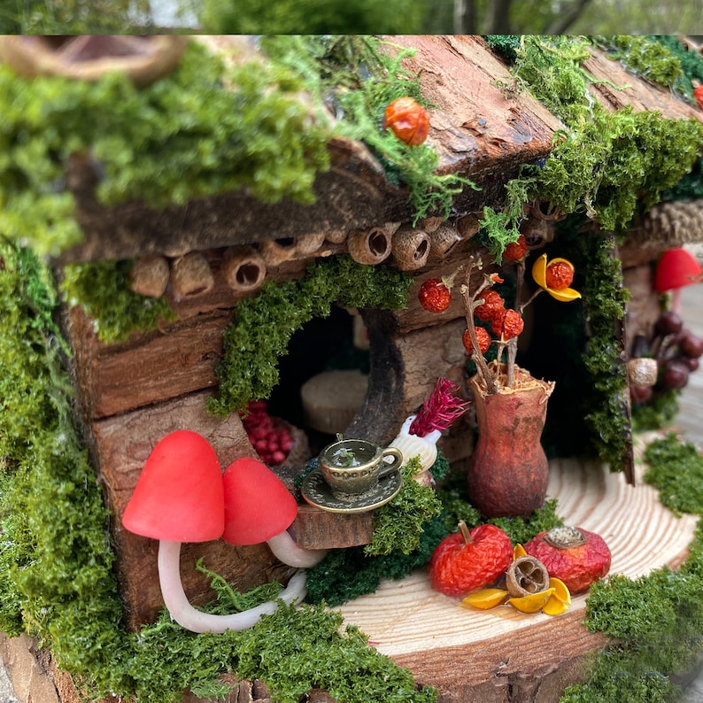 Może przedstawiać: Miniaturowy domek dla wr&oacute;żek z drewnianą konstrukcją, ozdobiony zielonym mchem i czerwonymi grzybami. Domek posiada małe drzwi, filiżankę do herbaty i elementy dekoracyjne, takie jak suszone jagody i kwiaty, tworząc fantazyjną scenę.