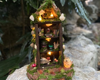Handmade Miniature Witches Cabinet Glowing Fairy House Fantasy Night Light Miniature Cottage Apothecary Cabinet Witchy Decor Gift For Witch