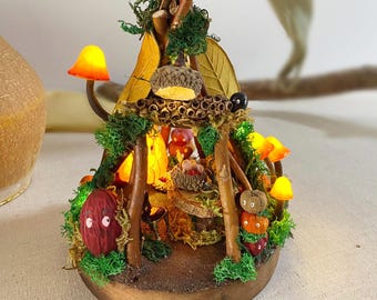 Glowing Fairy House with Pumpkin Sprites, Whimsical Teepee Night Light, Fairy Table Lamp, Handmade Miniature Cottage, OOAK Mushroom Lamp