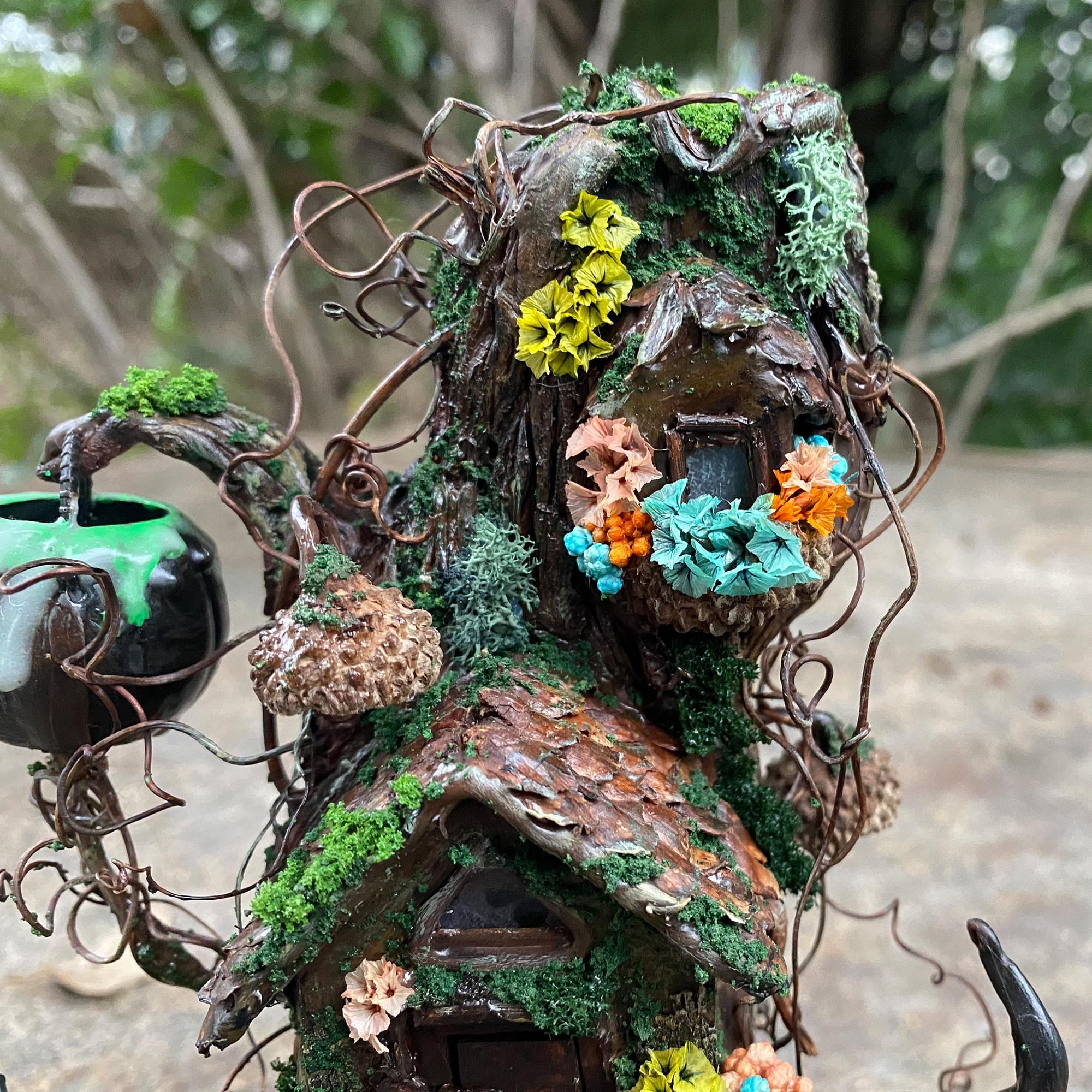 Handmade Light up Fairy House, Tree Stump Fairy House, Wizard Lamp