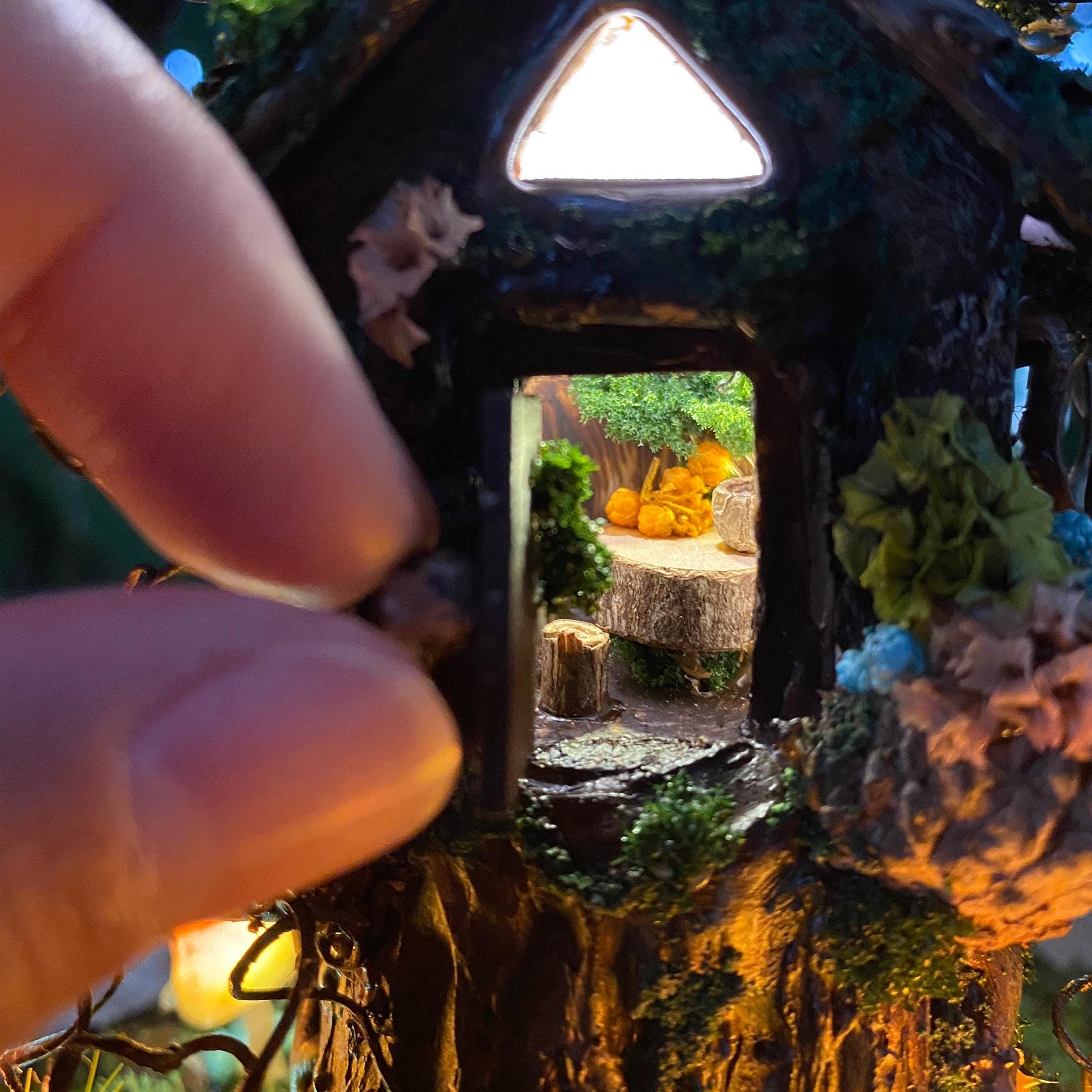 Handmade Light up Fairy House, Tree Stump Fairy House, Wizard Lamp