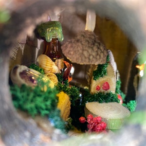 Może przedstawiać: Miniaturowa scena w ogrodzie wr&oacute;żek w wydrążonym pniu. Scena obejmuje mały domek z grzybami z czerwonymi akcentami, butelkę z zielonym korkiem, muszle i sztuczną zieleń. Og&oacute;lna estetyka jest fantazyjna i szczeg&oacute;łowa.