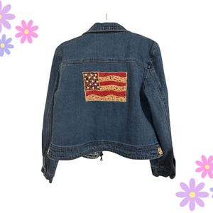 Vintage 90s Denim Jacket American Flag Patchwork Detail Size M