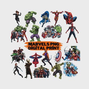 Può includere: Una stampa digitale con vari personaggi Marvel, tra cui Hulk, Spider-Man, Iron Man e Captain America. L'immagine include il testo "MARVELS PNG DIGITAL PRINT" in arancione e bianco.