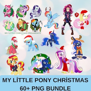 May include: A collection of My Little Pony Christmas ornaments and characters, including ponies with Santa hats and holiday wreaths. The image includes the text "MY LITTLE PONY CHRISTMAS 60+ PNG BUNDLE."