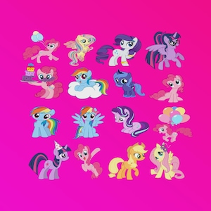 May include: A collection of colorful cartoon pony illustrations on a bright pink background. The ponies feature various colors, designs, and accessories, including wings, balloons, and party hats. The overall theme is playful and whimsical.