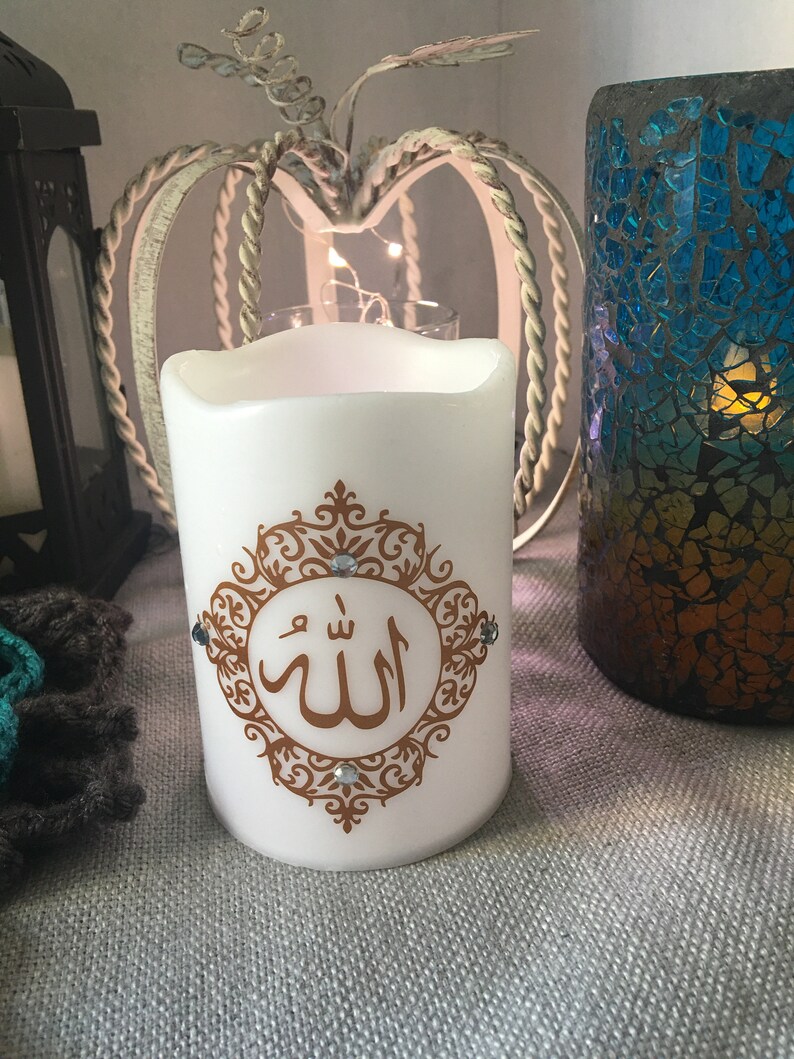 Flameless candle with Allah decal in Arabic copper Etsy