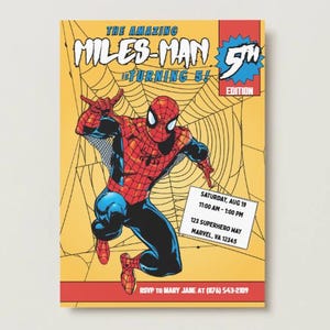 May include: A comic book-style invitation featuring a superhero, Miles-Man, celebrating a 5th birthday. The design includes a red and blue superhero, a spider web background, and event details.
