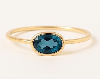 Blauwe stapelbare gouden topaasring, topaasring, 14k roos, geel, wit, ovaal geslepen edelsteen, solitaire ringinstelling, sierlijke gouden ring, Linda