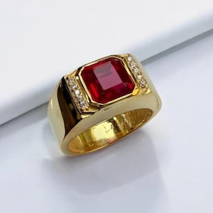 18k/14k /10k Solid Yellow Gold Lab Created Ruby Ring For Men Gold Band Red Gemstone Statement Rings Engagement Ring Wedding RingGift For Him