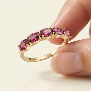 14K Solid Gold Ruby Ring for Women, 5 Stone July Birthstone Dainty Stacking Minimal Jewelry, Gift for Her