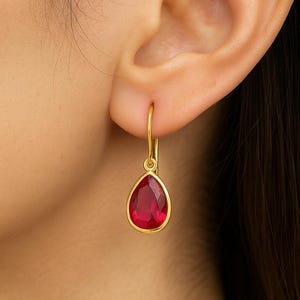 Ruby Emerald Teardrop Earrings 14K/18K Yellow Gold Moissanite Drop Earrings Elegant Red Gemstone Leverback Earrings Anniversary Gift for Her