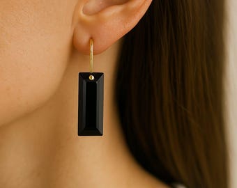 Pendientes colgantes de ónix negro, plata de ley bañada en oro, pendientes rectangulares con piedras preciosas.