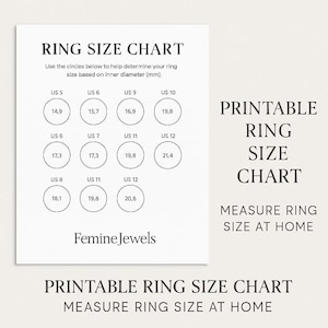 May include: Printable ring size chart with circles indicating ring sizes from US 5 to US 12, with corresponding inner diameter measurements in millimeters. Includes the text "Measure ring size at home."