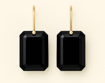エメラルドカット ブラックオニキス イヤリング ソリッド 14K/10K イエローゴールド アールデコ ヴィンテージ ワイヤーイヤリング ブライダル 記念日 彼女へのギフト ハンドメイドジュエリー