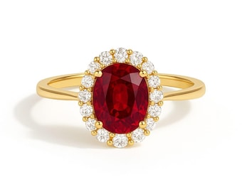 Moissanit Rubin Halo Ring | Oval Rubin und Diamant Inspirierter Ring | 14K Vergoldetes 925er Sterlingsilber | Vintage Verlobungsring für Sie