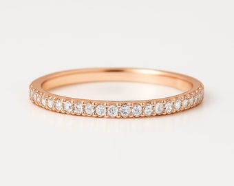 14K Rose Gold Thin Eternity Band Ring, Micro Pave Simulated Diamonds